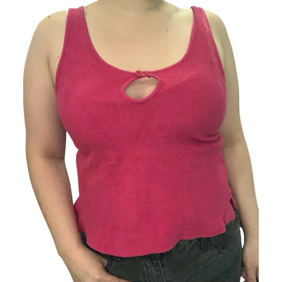 Vintage 80s Raspberry Pink Sleeveless Terrycloth Crop Tank Top Keyhole Detail - Picture 7 of 16